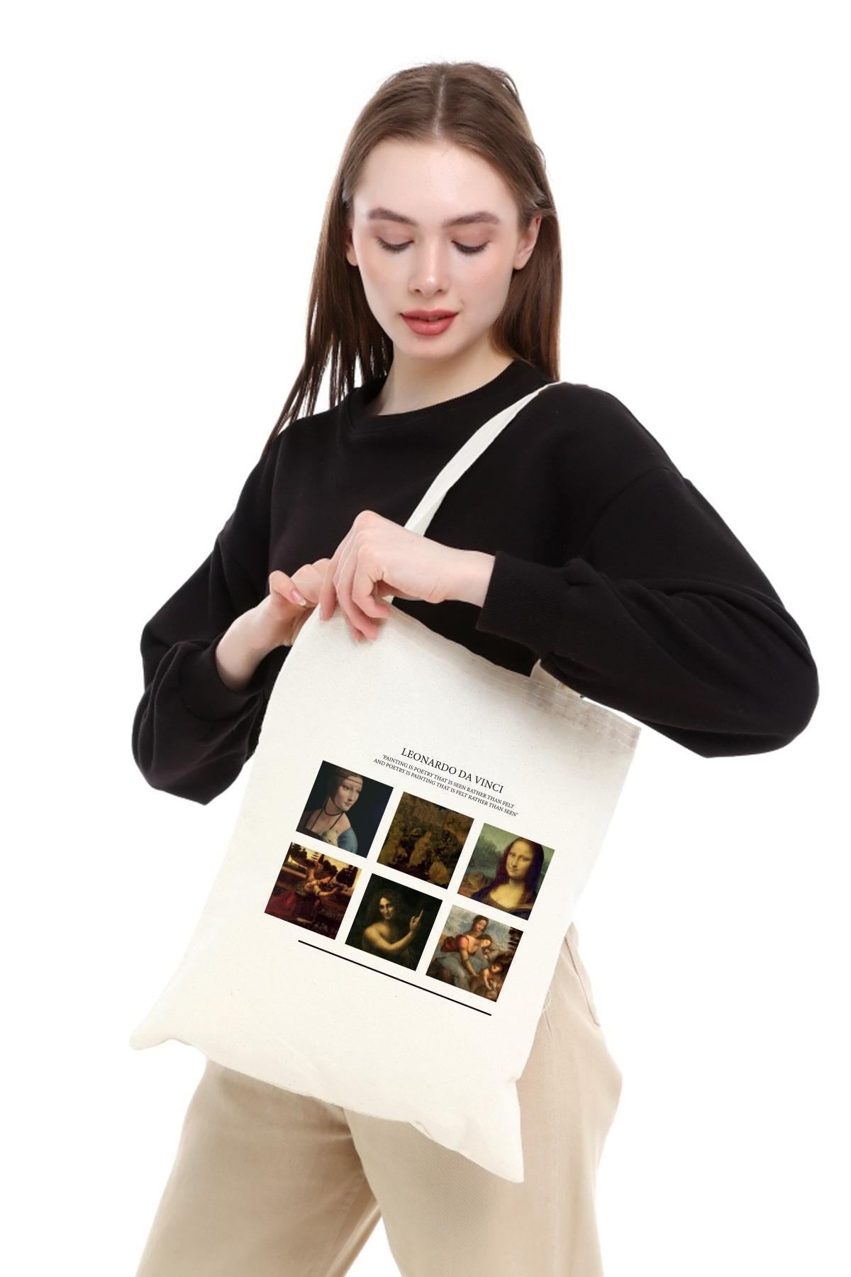 Torba Bawełniana na ramię typu Shopper, stylowa, pojemna Leonardo Da Vinci, na zakupy, na co dzień.