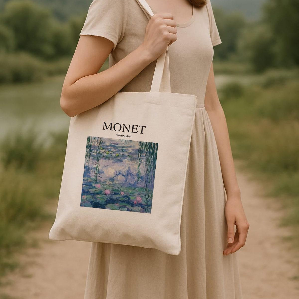 Torba Bawełniana na ramię typu Shopper, stylowa, Lilie wodne, Monet, na zakupy, do szkoły, pojemna.