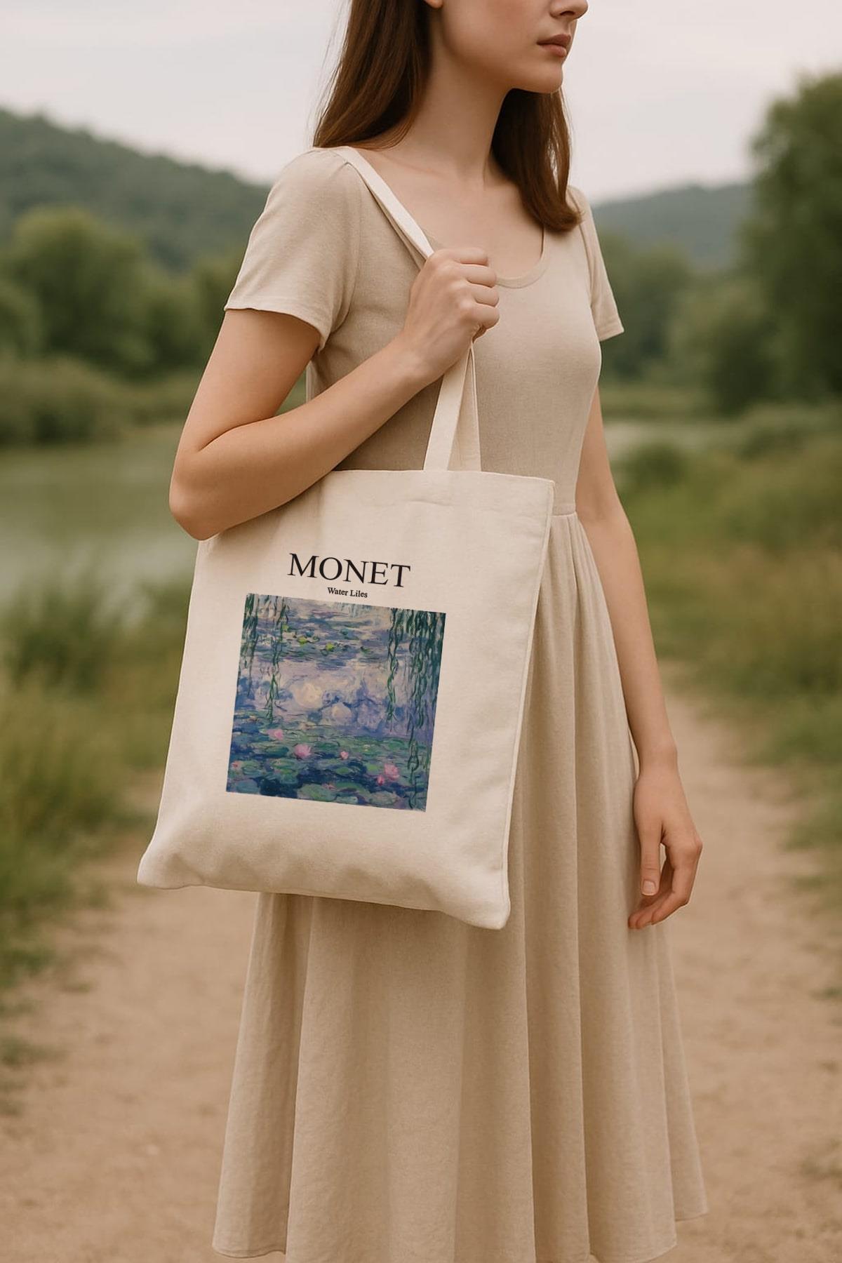 Torba Bawełniana na ramię typu Shopper, stylowa, Lilie wodne, Monet, na zakupy, do szkoły, pojemna.